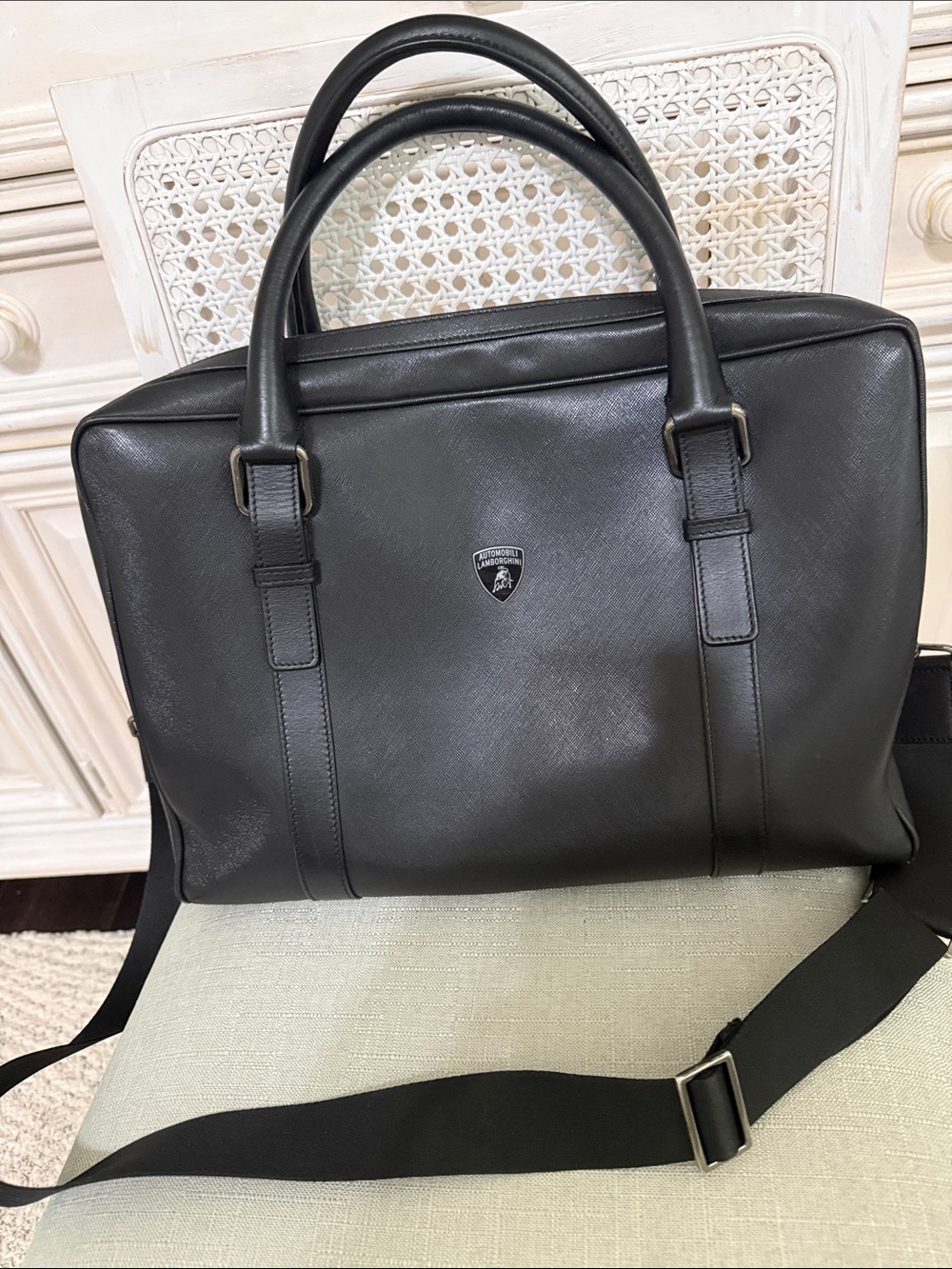Lamborghini Black Leather Laptop Briefcase with Shoulder Strap